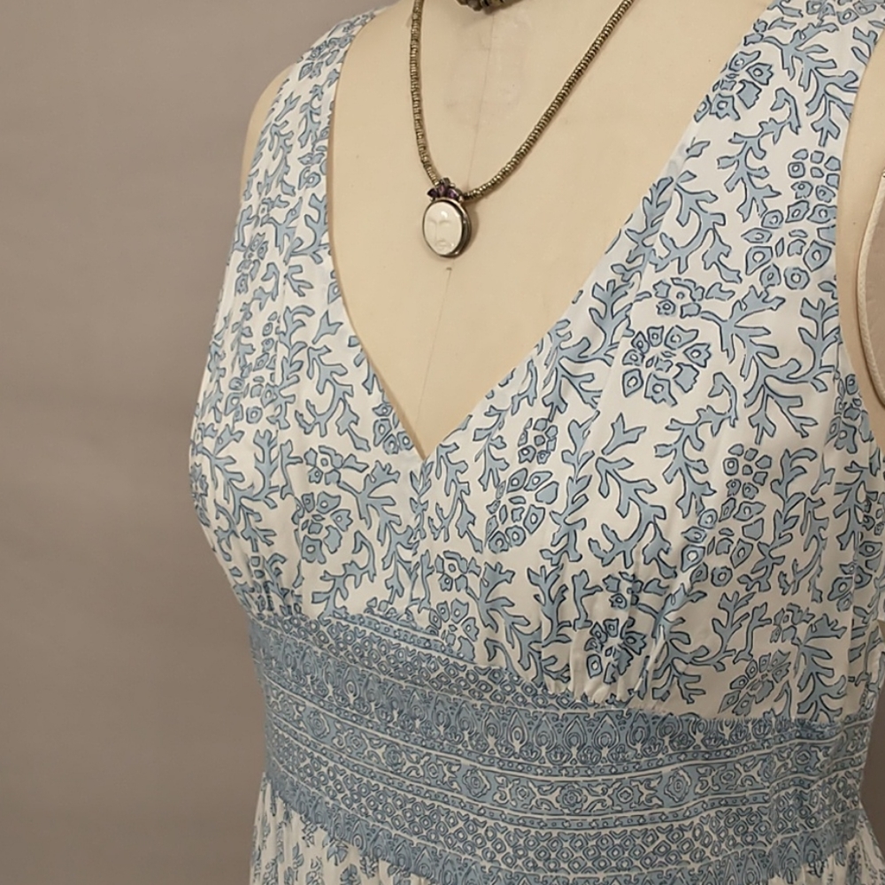 Cotton Block Print Summer Dress Wedgewood Blue & White Lined Midi Tiered Skirt - Picture 6 of 9